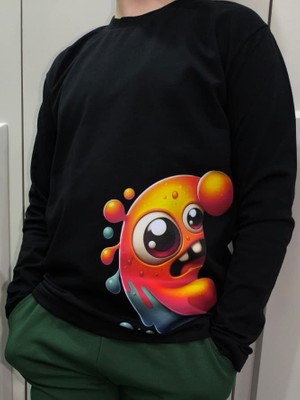 Pidal Giyim Sevimli Canavar Baskılı Pamuklu Uzun Kollu Unisex Çocuk Sweatshirt