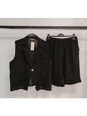 Della Moor Black Kadın Italyan Şort&ceketli Keten Takım