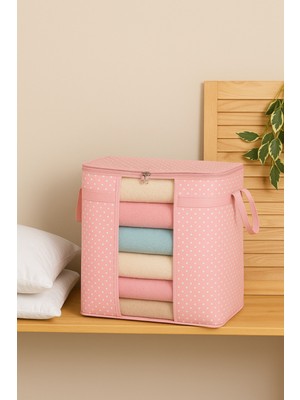 Serstil Pencereli Saklama Çantası | Yorgan Battaniye Saklama Hurcu 50 x 45 x 30 cm - Pembe Benekli