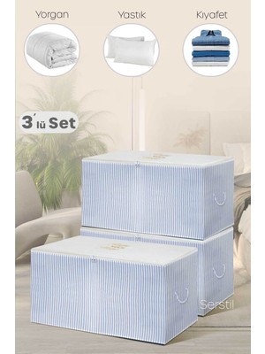 Serstil 3 Adet - Büyük Boy Mavi Çizgili Hurç - 74 x 46 x 46 cm