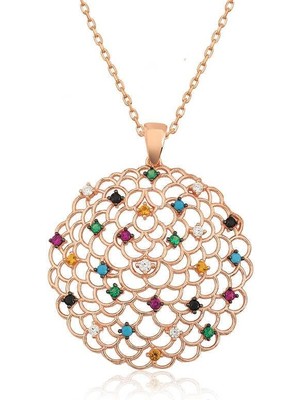 Inure Jewelry Gümüş Rose Geometrik Desenli Madalyon Kolye