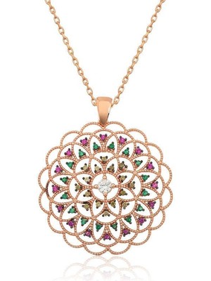 Inure Jewelry Gümüş Rose Geometrik Desenli Madalyon Kolye