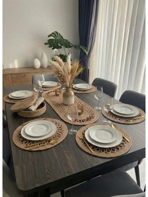 PremiumPort Şık Jüt Hasır Supla Runner Takımı, 6+1 Amerikan Servis Seti ve Kapaklı Sepet