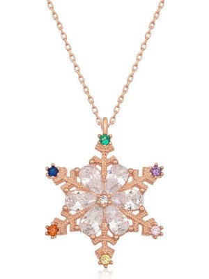 Inure Jewelry Gümüş Rose Renkli Taşlı Kar Tanesi Kadın Kolye