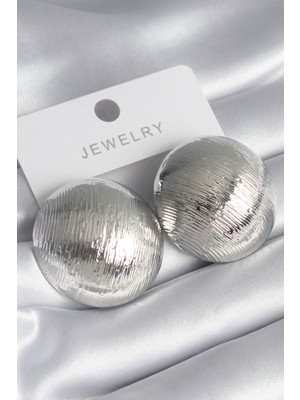 Net Damla Pirinç Gümüş Renk Işleme Detay Daire Model Kadın Küpe