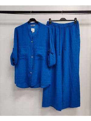 Della Moor Kadın Saks Mavi Italyan Hakim Yaka Gömlekli Düz Keten Takım