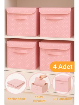 Serstil 4 Adet - Dolap Içi Düzenleyici Katlanır Kapaklı Saklama Kutusu 30X30X30CM - Pembe Benekli