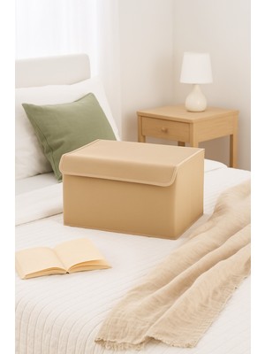 Serstil Küçük Boy Destekli Kapaklı Kutu Hurç - Kıyafet Saklama Kutusu Organizer 40X30X25 - Bej