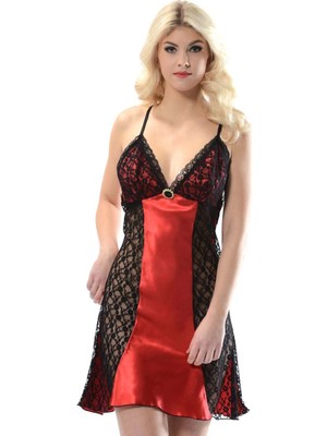 Nyxelle Lingerie Kırmızı Siyah Dantelli Saten Gecelik - M-373