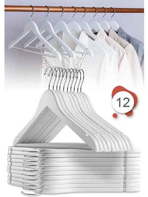 Serstil 12 Adet - Ahşap Görünümlü Elbise ve Kıyafet Askısı Beyaz