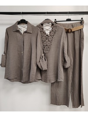 Della Moor Fango Kadın Italyan Sırtı Dantelli Keten Takım Pantolon ve Gömlekli