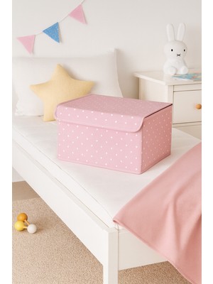 Serstil Sert Karton Pembe Puantiyeli Küçük Boy Destekli Kapaklı Kutu Hurç Organizer 40X30X25 cm