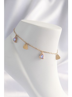 Net Damla 316L Çelik Gold Renk Minimal Renkli Zirkon Taşlı Kalp Halhal