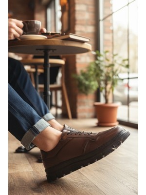 Enoch Hakiki Deri Kahve Klasik Hatlı Erkek Sneaker Ayakkabı Ortopedik Taban