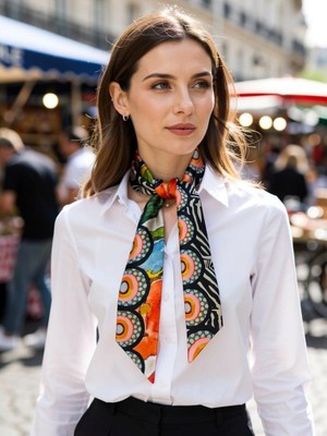 Kadın Renkli Saten Geometrik Desenli Fular Zarif ve Canlı Tasarım