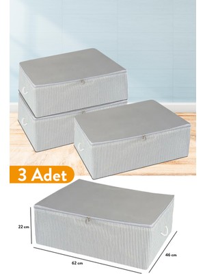 Serstil 3 Adet - Büyük Boy Baza Altı Antrasit Çizgili Hurç 62 x 46 x 22 cm