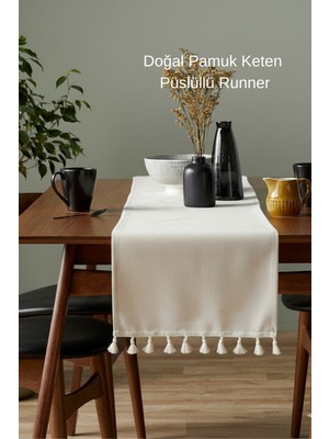PremiumPort Doğal Pamuk Keten Püsküllü Runner 40X150CM, Şıklık ve Zarafet Sağlar