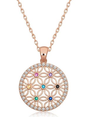 Inure Jewelry Gümüş Rose Renkli Taşlı Yaşam Çiçeği Kadın Kolye