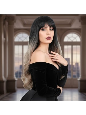 Esranın Dünyası Kahküllü Uzun Dalgalı Fiber Sentetik Peruk - Siyah / Küllü Bebek Sarı  Ombreli RSPM34-ESRDNS