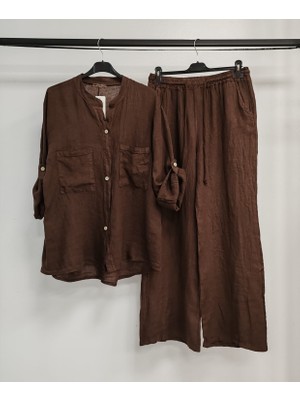 Della Moor Cacao Kadın Italyan Hakim Yaka Gömlekli Düz Keten Takım