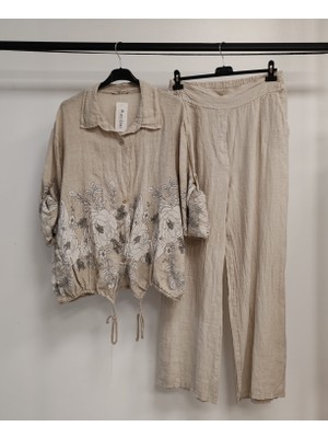Della Moor Kadın Bej Italyan Çiçek Desenli Oversize Keten Alt Üst Takım 40 - 44 Beden