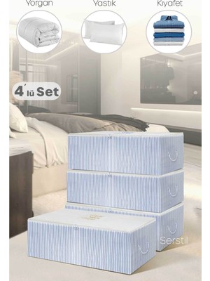 Serstil 4 Adet - Küçük Boy Baskı Detaylı Mavi Çizgili Hurç 52 x 28 x 21 cm