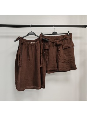 Della Moor Kadın Kahverengi Italyan Sıfır Kol Şortlu Keten Takım