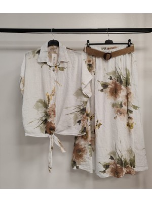 Della Moor Kadın Beyaz Italyan Çiçek Desenli Etek - Gömlek Keten Takım