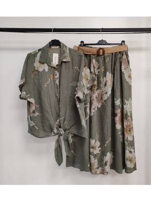 Della Moor Kadın Haki Italyan Çiçek Desenli Etek - Gömlek Keten Takım