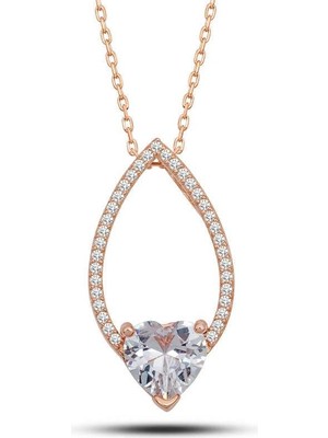 Inure Jewelry Gümüş Rose Kalp Beyaz Taşlı Damla Kadın Kolye