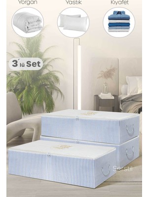 Serstil 3 Adet - Mega Boy Baza Altı Mavi Çizgili Hurç 74 x 46 x 22 cm