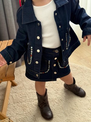 Beyaz Bebe Kız Çocuk Kot Ceket Etek 3'lü Takım