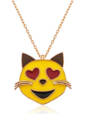Inure Jewelry Gümüş Kalp Gözlü Kedi Emoji Bayan Kolye