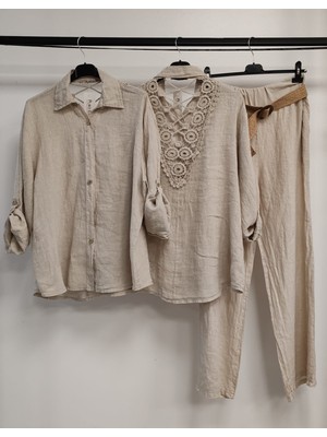 Della Moor Beige Kadın Italyan Sırtı Dantelli Keten Takım Pantolon ve Gömlekli