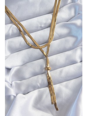 Net Damla 316L Çelik Gold Renk 2'li Italyan Zincir Asansör Model Sallantı Detay Kadın Kolye