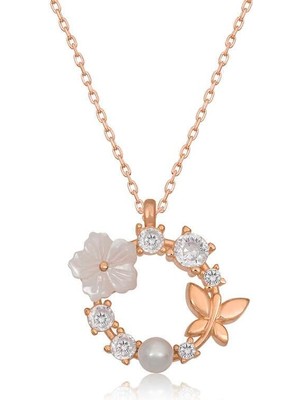 Inure Jewelry Gümüş Rose Manolya Çiçeği Kelebek Kadın Kolye
