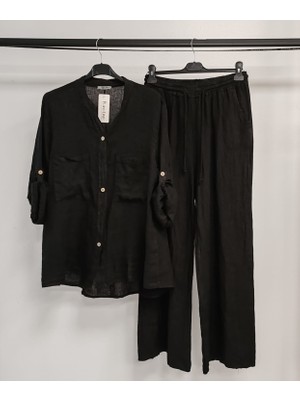 Della Moor Kadın Siyah Italyan Hakim Yaka Gömlekli Düz Keten Takım