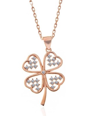 Inure Jewelry Gümüş Rose Kalpli Dört Yapraklı Yonca Kadın Kolye