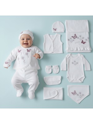 Milays Kız Bebek 0-3 Ay Kelebek Nakış Işlemeli %100 Pamuk Zıbın Takımı