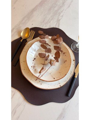 PremiumPort Şık Kahverengi Deri Amerikan Servis ve Supla Seti