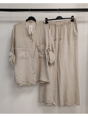 Della Moor Kadın Bej Italyan Hakim Yaka Gömlekli Düz Keten Takım