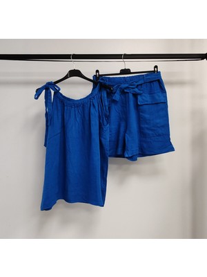 Della Moor Kadın Saks Mavi Italyan Sıfır Kol Şortlu Keten Takım