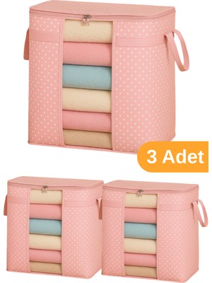 Serstil 3 Adet - Pencereli Saklama Çantası 50 x 45 x 30 cm - Pembe Benekli