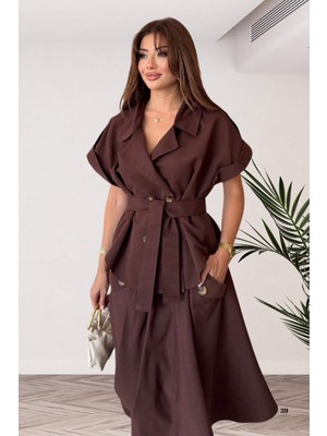 Zishan Fashion Safari Stil Kuşaklı Ceket Kloş Etek Kadın Ikili Takım 805