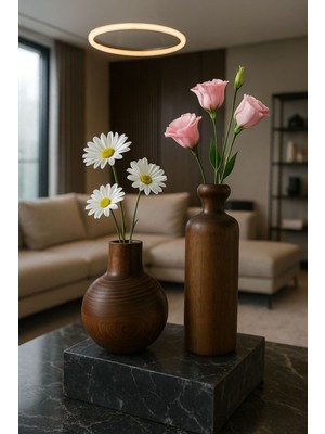 PremiumPort 2'li Ahşap Vazo Seti, Ceviz Rengi, Dekoratif ve Rustik Tasarım