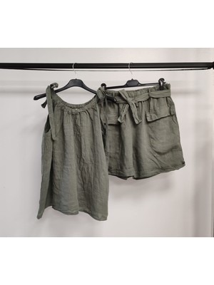 Della Moor Kadın Haki Italyan Sıfır Kol Şortlu Keten Takım