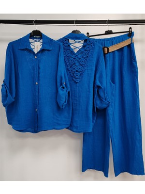 Della Moor Royal Kadın Italyan Sırtı Dantelli Keten Takım Pantolon ve Gömlekli