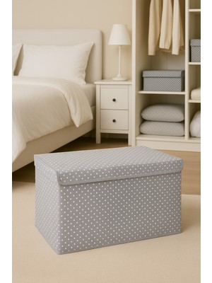 Serstil Orta Boy Kapaklı Kutu Hurç Gri Puantiyeli Sert Karton Kıyafet ve Battaniye Organizer