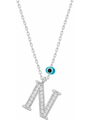 Inure Jewelry Gümüş Nazar Rodyum N Harfi Kadın Kolye