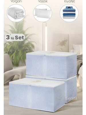 Serstil 3 Adet - Orta Boy Mavi Çizgili Hurç 63 x 40 x 34 cm